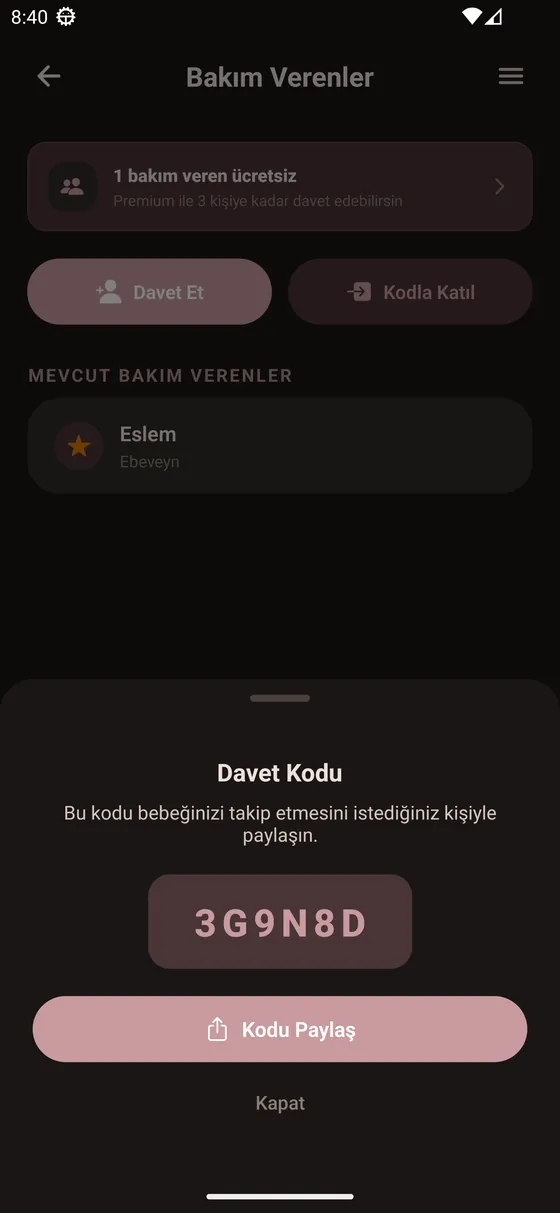 Annece bakım veren davet ekranı: aile üyelerini davet kodu ile ekleme