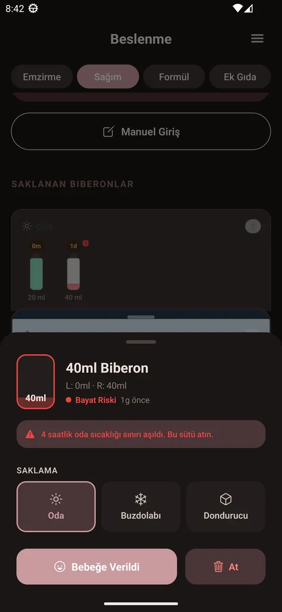 Annece süt saklama ekranı: biberonların tazelik durumu